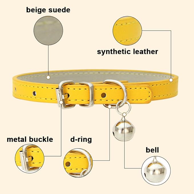 White XS Dog Collar with Bell, Soft Pu Leather Cat Collars Adjustable Buckle - Image 4