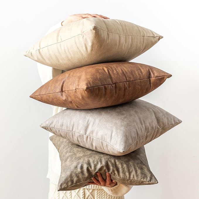 Pack of 4 Neutral Decorative Faux Leather Throw Pillow Covers 18x18 inch by GEGELICA