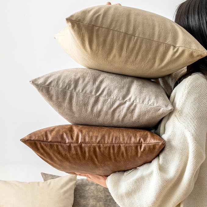 Pack of 4 Oversized Faux Leather Neutral Decorative Throw Pillow Covers 24x24 - Image 8