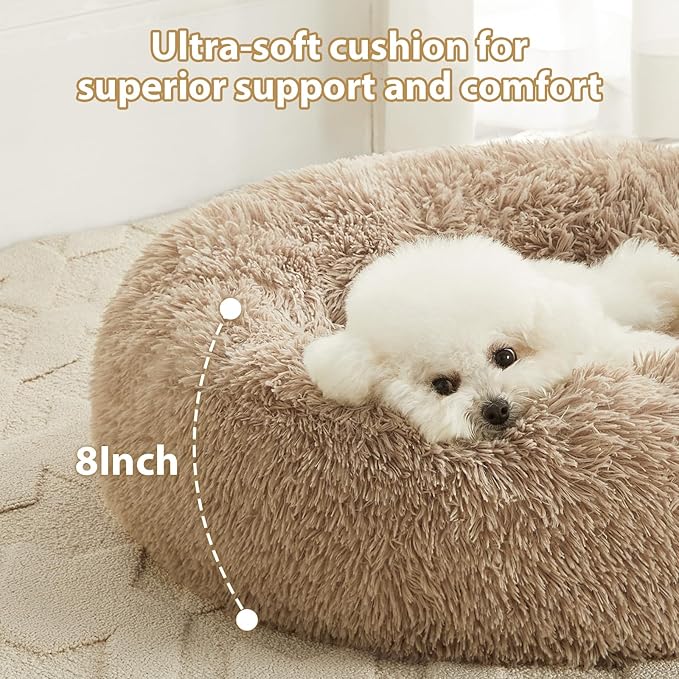 WNPETHOME Calming Dog Bed & Cat Bed, Small Dog Bed Donut Design Faux Fur - Image 2