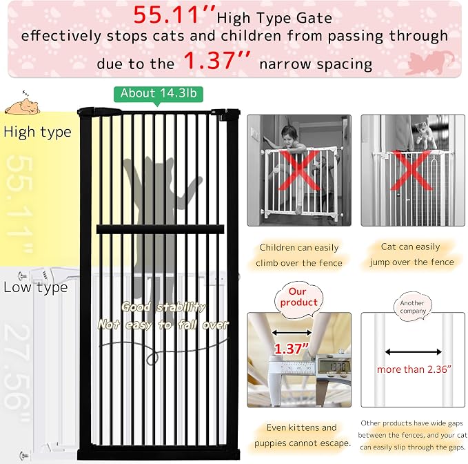 Lumizone Extra Tall Pet Gate 55.12" High Pressure Mounted 38.39"-42.51" Extra - Image 4
